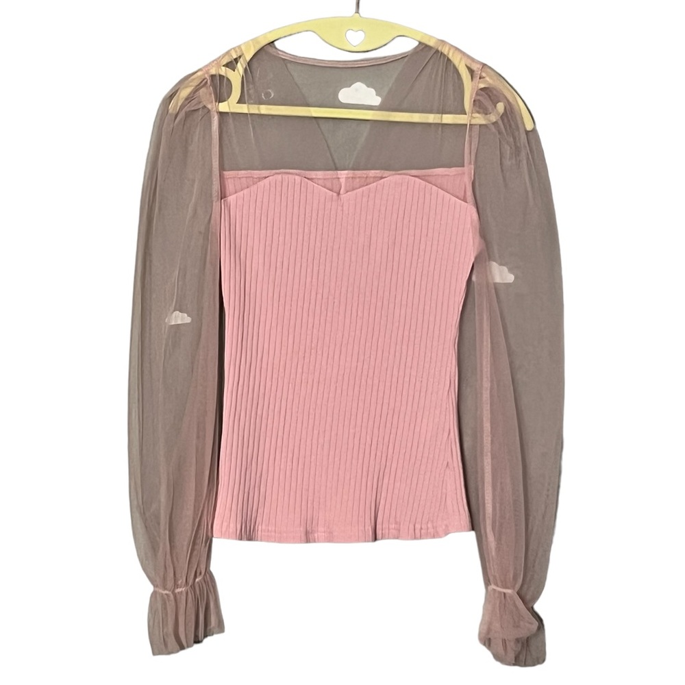Romwe Women’s Blush Pink Sheer Mesh Flounce Sleeve Splice Sweetheart Ribbed Top